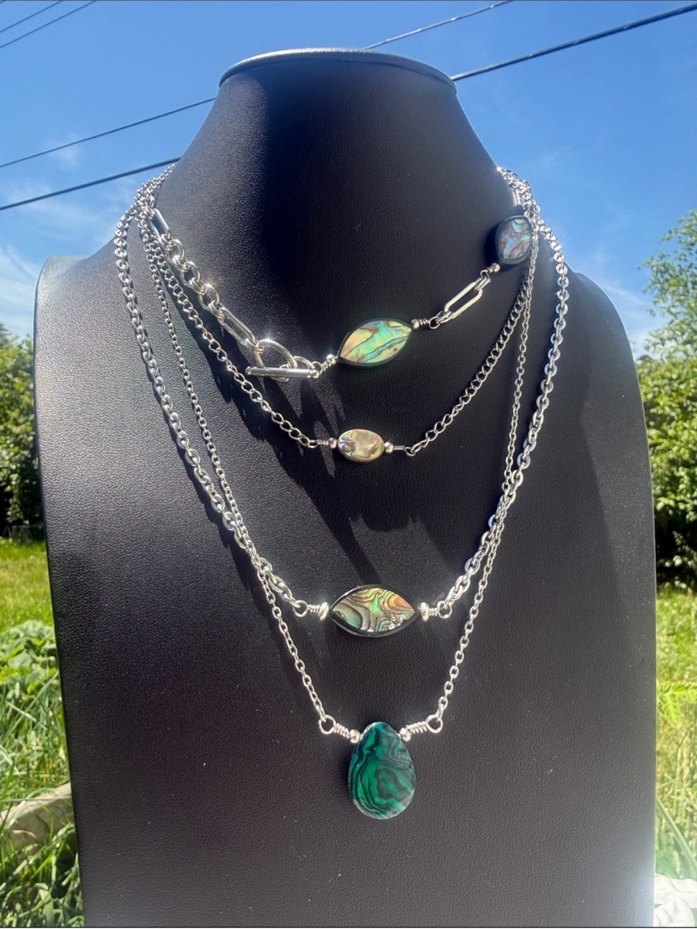 Vibrant Abalone Shell Tear Drop Pendant Necklace Stainless Steel Minimalistic - Picture 4 of 4